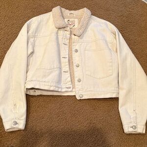 Cream Cropped Denim Jacket with Sherpa Collar